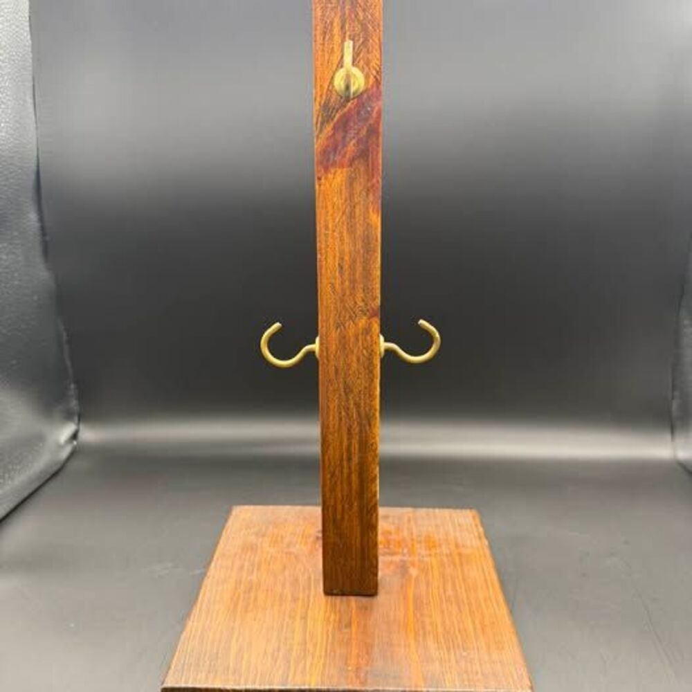 Vintage Wooden Mug Rack/Jewelry Display Stand with Brass Hooks